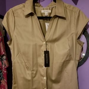 Beige non-iron fitted cap sleeve blouse